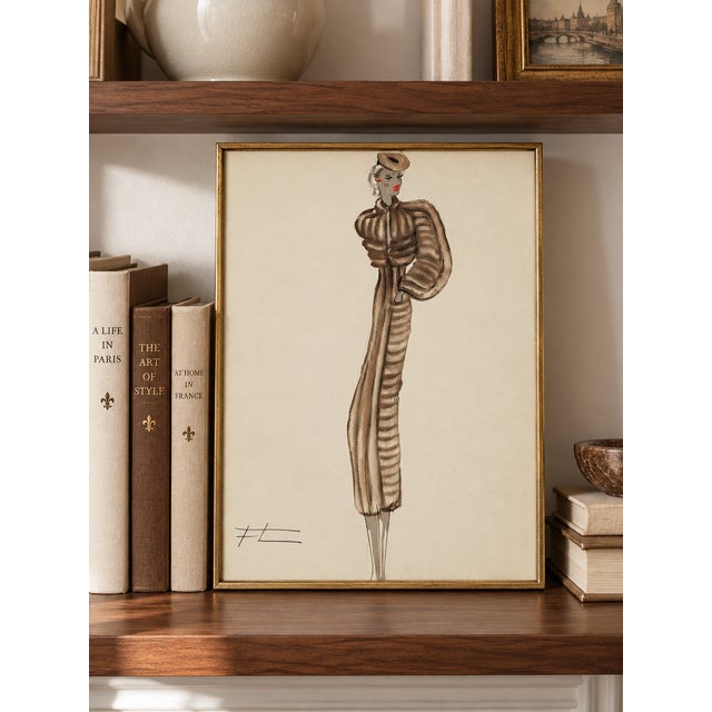Jonathan Adler Vintage French Fashion Art Print – Neutral Brown Fashion Illustration, 18" X 24" For Sale - Image 4 of 9