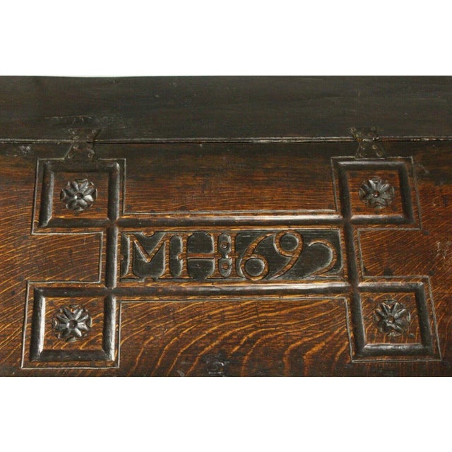 Dated 1692 Tabletop Bible Oak Box Anglo-American, Carved Initials Mh, Pilgrim Furniture For Sale - Image 4 of 13