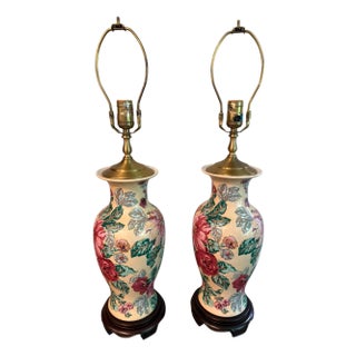Late 20th Century Wescal Porcelain Floral Lamps on Wood Stands - A Pair For Sale