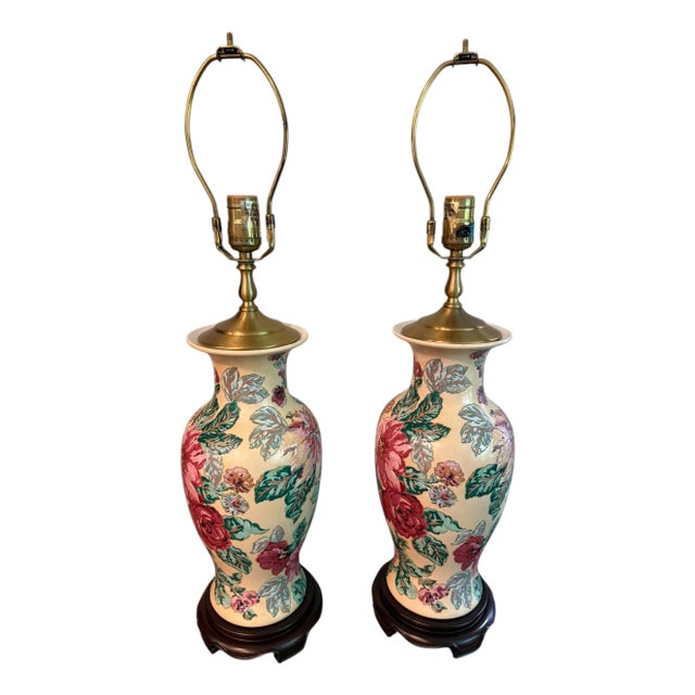 Late 20th Century Wescal Porcelain Floral Lamps on Wood Stands - A Pair For Sale
