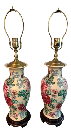 Late 20th Century Wescal Porcelain Floral Lamps on Wood Stands - A Pair