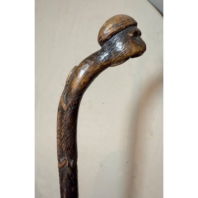 Wood Share Antique 19th Century Hand Carved Folk Art Monkey Lizard Walking Stick Cane For Sale - Image 7 of 16