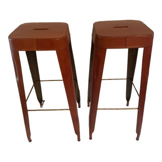 Minimalist Design Genuine Leather Covered Barstools, a Pair For Sale