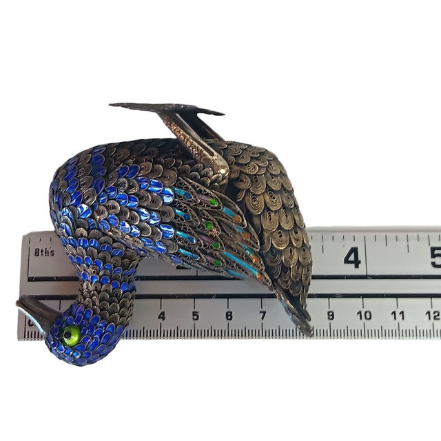Vintage Filigree Enamel Duck Bird Figurine Sterling Silver Beak and Feet Blue & Gold With Green Eyes For Sale - Image 14 of 16