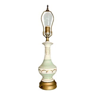 Mid-Century Celadon Ceramic Lamp - Hollywood Regency Gold Greek Key For Sale