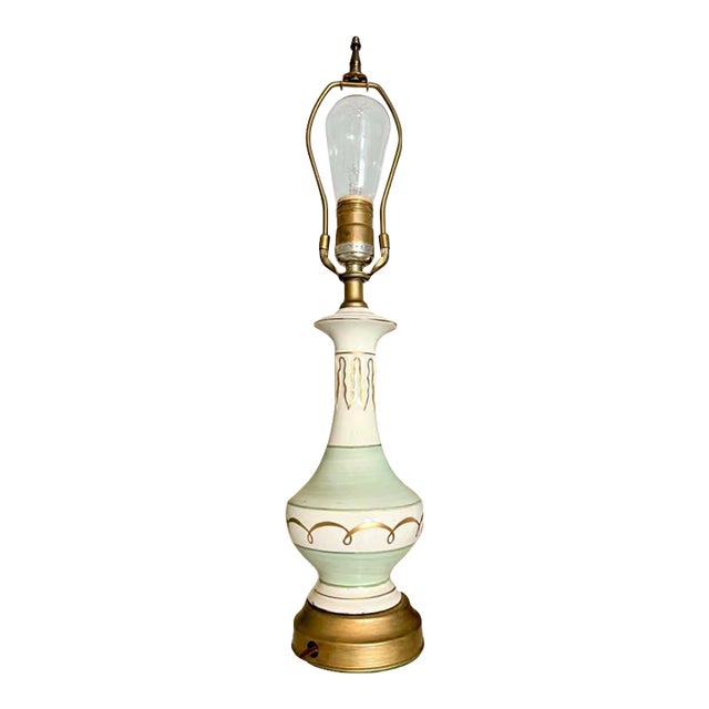 Mid-Century Celadon Ceramic Lamp - Hollywood Regency Gold Greek Key For Sale