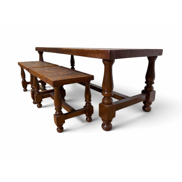 Vintage 1960s Angel Pazmino for Muebles De Estilo Tooled Leather Table & Bench Set - 3 Pieces For Sale - Image 4 of 8