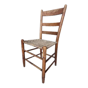 Late 19th Century Primitive Shaker Maple Farmhouse Ladder Back Rush Dining Chair