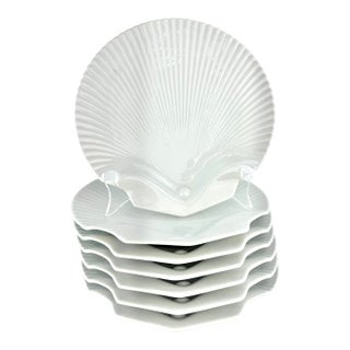Vintage White Porcelain Shell Plates, Set of 7 For Sale