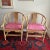 Pair of vintage bamboo chairs in the horseshoe Chinoiserie style. Pink attached cushion can be easily replaced.