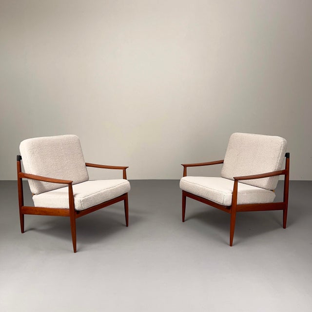 Mid-Century Modern Set of Teak Armchairs with Rattan Backrests & Bouclé Covers by Carl Straub / Goldfeder, Germany 1960s For Sale - Image 3 of 15