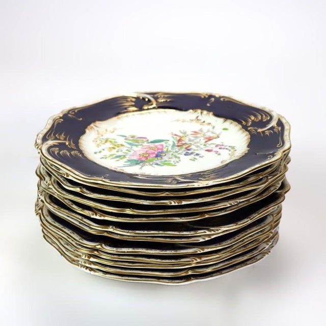 Ceramic 12 Antique English Cobalt Blue & Gilt Porcelain Plates C1900 For Sale - Image 7 of 7
