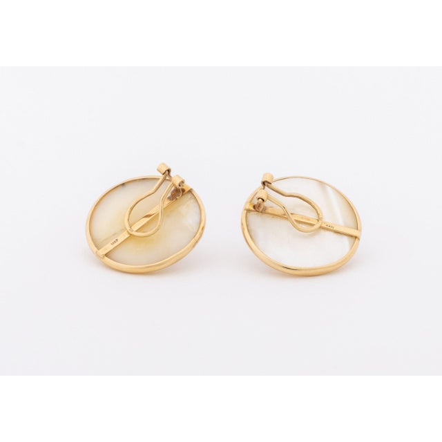 Metal Modern Mabe Blister Pearl and 14k Yellow Gold Earrings For Sale - Image 7 of 8