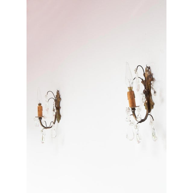 1940s Antique French Brass and Crystal Wall Sconces, 1930s, Set of 2 For Sale - Image 5 of 11