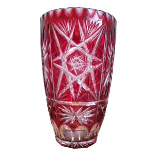 Large Cut Crystal Vase with Ruby ​​Red Overlay, Central Europe, 1950s For Sale