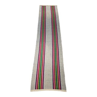 Vintage American Rag Runner, Handwoven Stripe Pattern, Tan, Green & Magenta, 3x13 For Sale