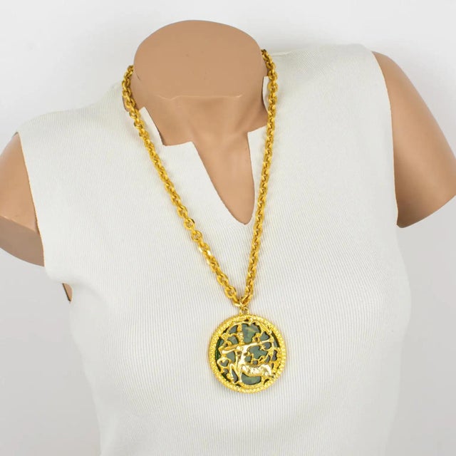 Contemporary Pauline Rader Gilded Necklace with Green Bakelite Centaur Pendant For Sale - Image 3 of 12