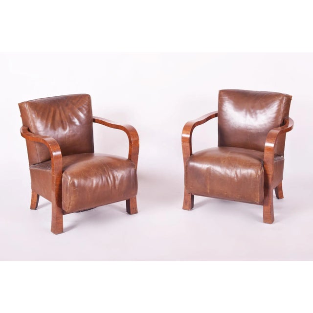 Art Deco Brown Walnut & Leather Dining Chairs, 1930s, Set of 3 For Sale - Image 6 of 12