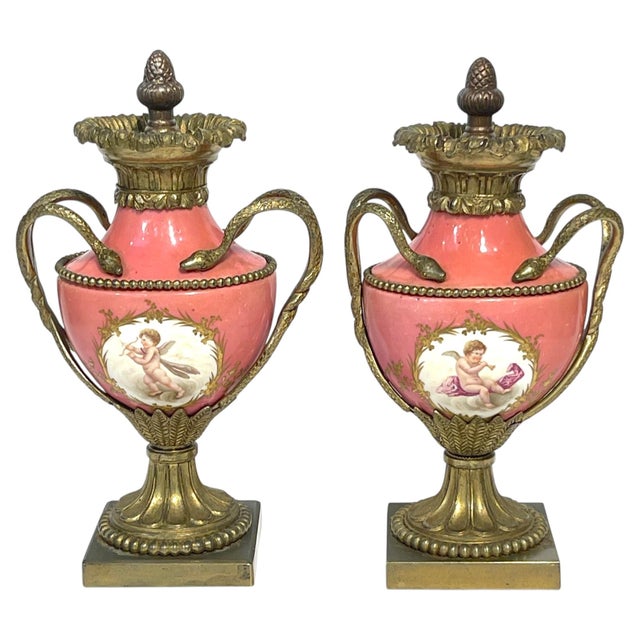 French Pair French Louis XVI Style Sèvres Rose Pompadour Ormolu-Mounted Cabinet Vases For Sale - Image 3 of 17