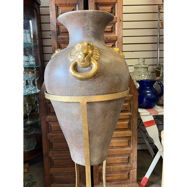 Rustic European Vintage Amphora Lion Ring Vase & Floor Stand For Sale - Image 3 of 8