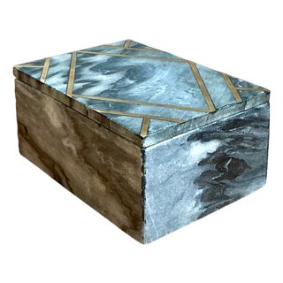 Vintage Geometric Brass Inlaid Stone Box For Sale