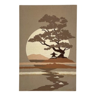Mid-Century Modern Japanese Landscape Textile Wall Art on Stretched Canvas For Sale