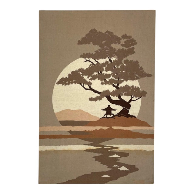 Mid-Century Modern Japanese Landscape Textile Wall Art on Stretched Canvas For Sale