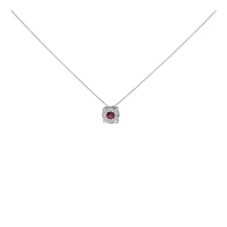 14K White Gold Red Ruby and 1/3 Cttw Diamond Halo Pendant Necklace For Sale