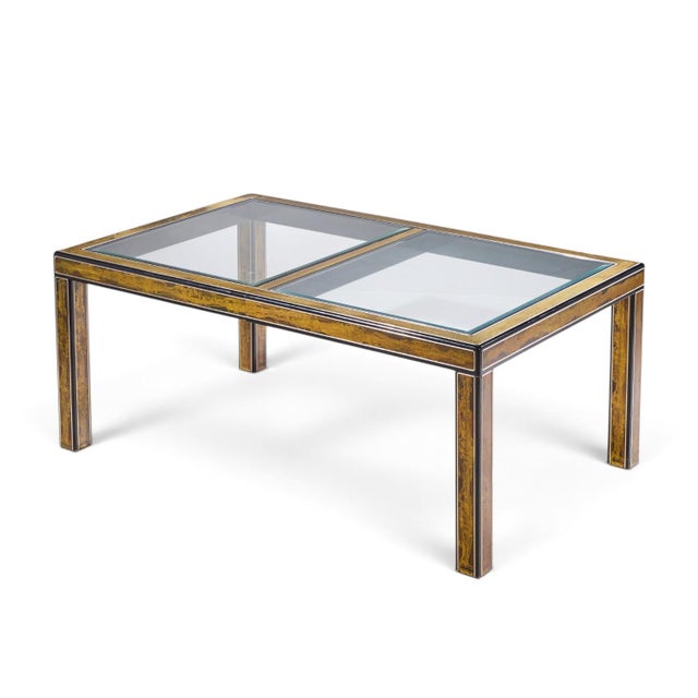 Bernhard Rohne for Mastercraft Mid Century Lacquered Etched Brass Panel Expanding Dining Table With 1 Leaf For Sale - Image 9 of 10