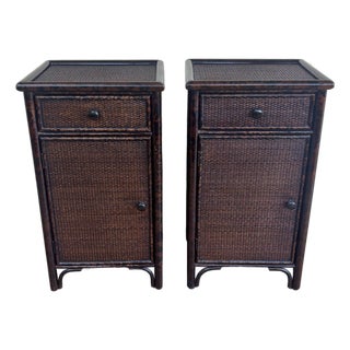 Pair Vintage British Colonial Faux Burnt Bamboo & Cane Nightstands For Sale