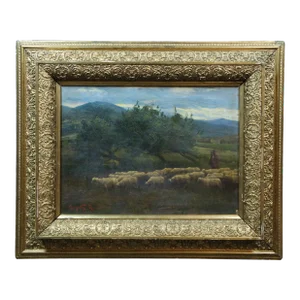 Late 19th Century Antique Rudolf Rezso Karpaty Shepherd Flock of Sheep Landscape Oil Painting, Framed