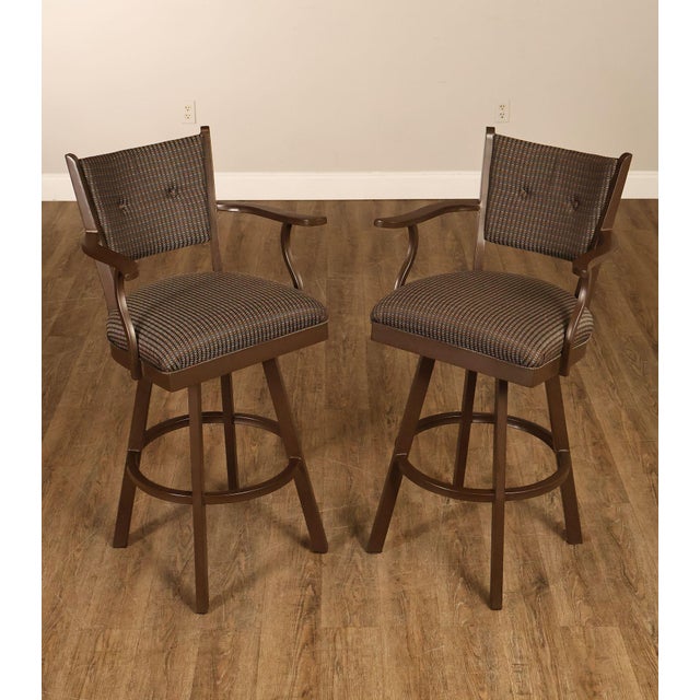 High Quality American Made Pair Of Tempo Industries Swivel Bar Stools With Arms. Features Curved Arms, Upholstered Backs...