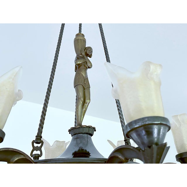 Large Art Deco Sculptural Chandelier in Bronze and Glass, 1930s For Sale - Image 11 of 18