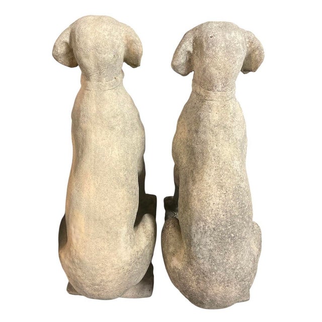 English Pair of Vintage Weathered Cast Stone Seated Hound Garden Statues For Sale - Image 3 of 11
