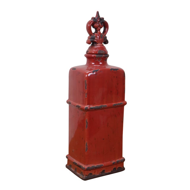 Rustic JCPenney Imax Distressed Red Ceramic Lidded Mantel Vase Urn Bottle 18" For Sale - Image 3 of 14