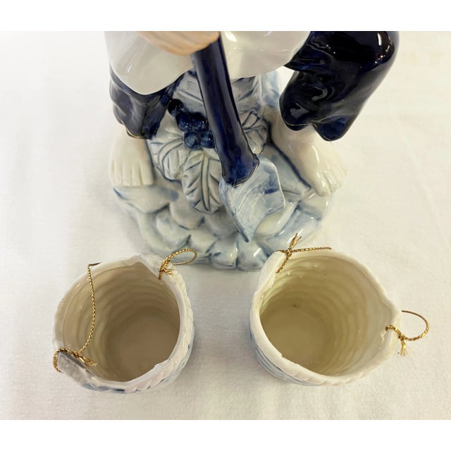 Vintage Blue and White Porcelain Asian Figurine Carrying Baskets For Sale - Image 11 of 13