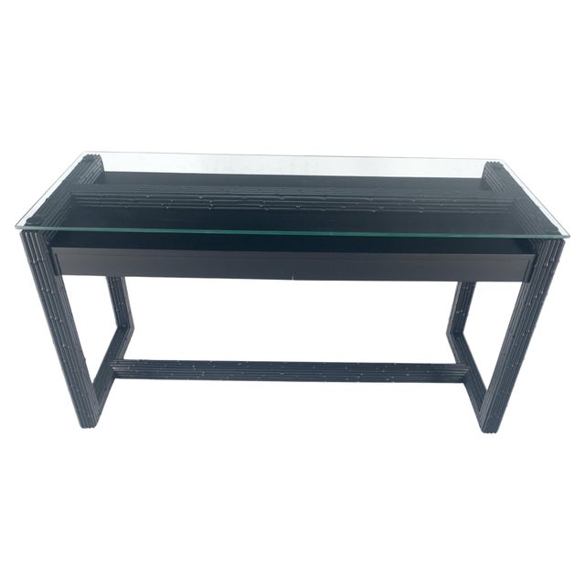 Ebonized Faux Bamboo Reed Two Door Glass Top Console Sofa Table For Sale - Image 6 of 12