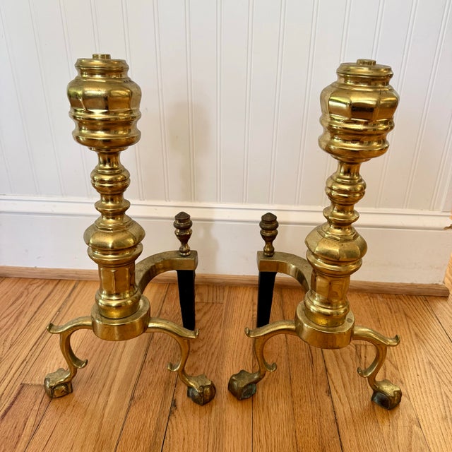 Hollywood Regency Mid 20th Century Harvin Federal Style Brass Fireplace Andirons, a Pair For Sale - Image 3 of 12