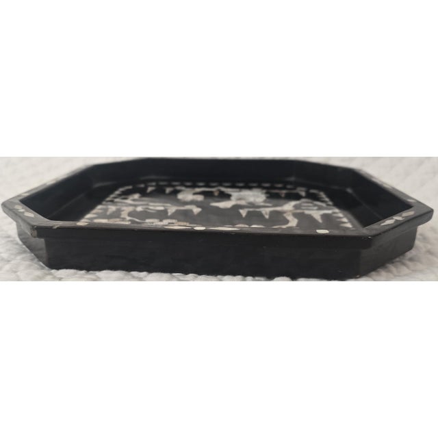 Chinese Chinese Black Lacquer Octagonal Tray With Mother-of-Pearl Figural Inlay For Sale - Image 3 of 4