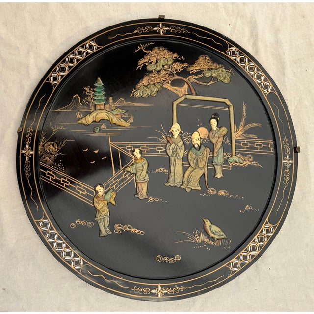 Chinoiserie Vintage Asian Black Lacquer Folding Tray Table With Applied Carved Stone Figural Scene For Sale - Image 3 of 12