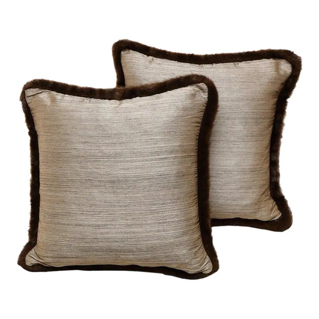 2018 Associated to the Highlands Clans From Scotland Anglo-Japanese Style Beige Fur/Silk Square Pillows by Arlene Angard - Set of 2 For Sale