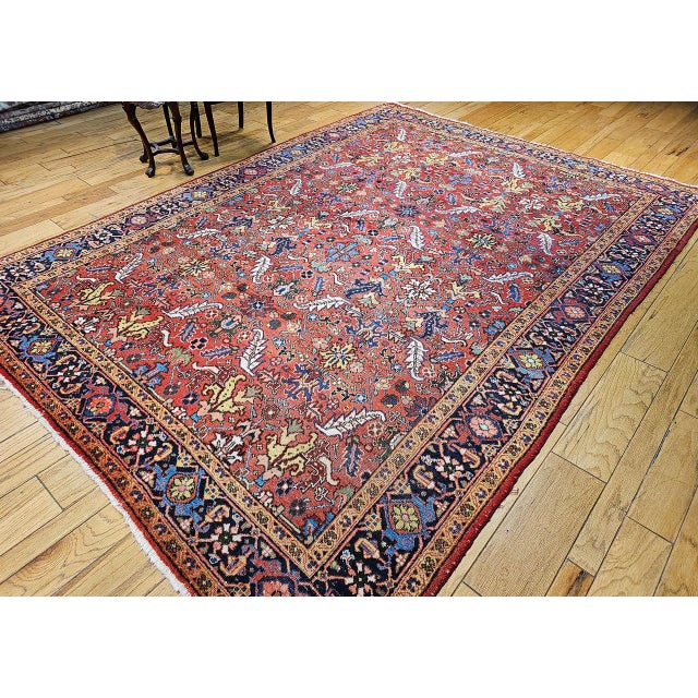 Vintage Persian Heriz Rug, Hand-Knotted Wool, Allover Geometric Pattern, Red & Blue, 8x11 For Sale In Chicago - Image 6 of 15