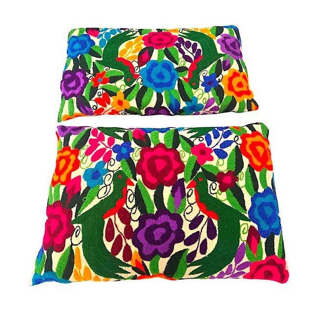 Mexican Vintage Multicolor Embroidered Otomi Tenango Hand-Stitched Pillows, a Pair For Sale - Image 3 of 13
