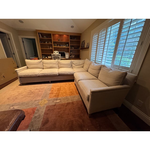 Wood Serena & Lily Spruce Street L-Sectional - Right-Facing | Chunky Linen Natural | Mint Condition For Sale - Image 7 of 10