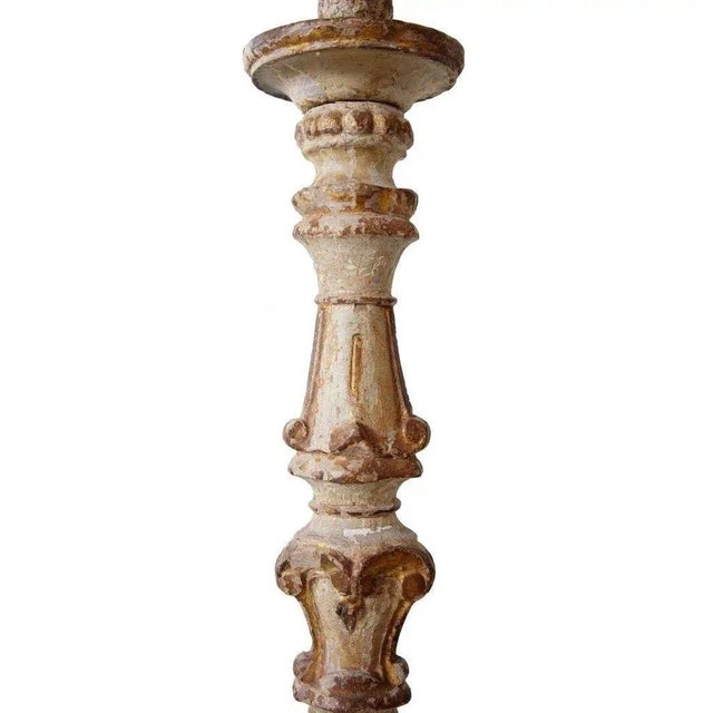 Mid 18th Century Large Indo-Portuguese Baroque Painted & Gilt Teak Pricket Candlesticks - A Pair For Sale In Denver - Image 6 of 8