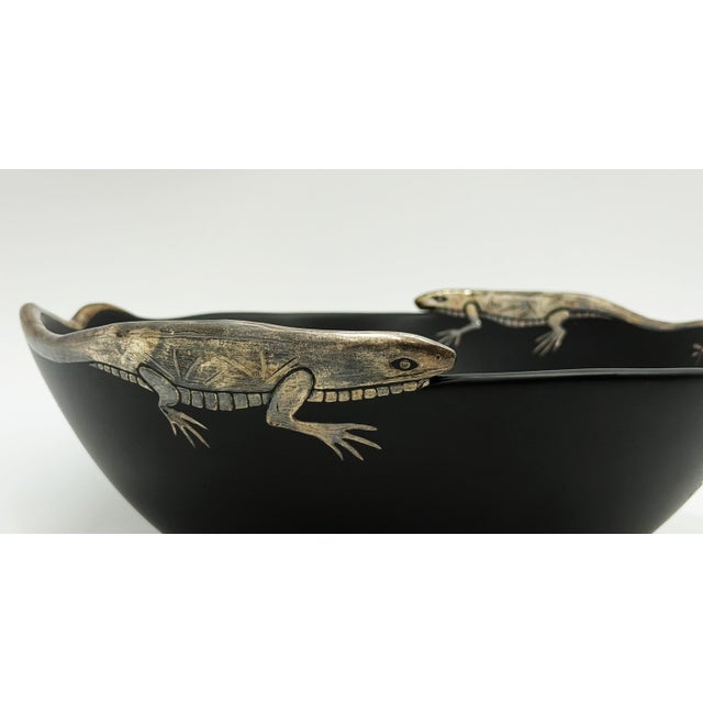 1980s Emilia Castillo Pure Silver Lizard & Black Porcelain Bowl, Mexican Silver Art For Sale - Image 17 of 18