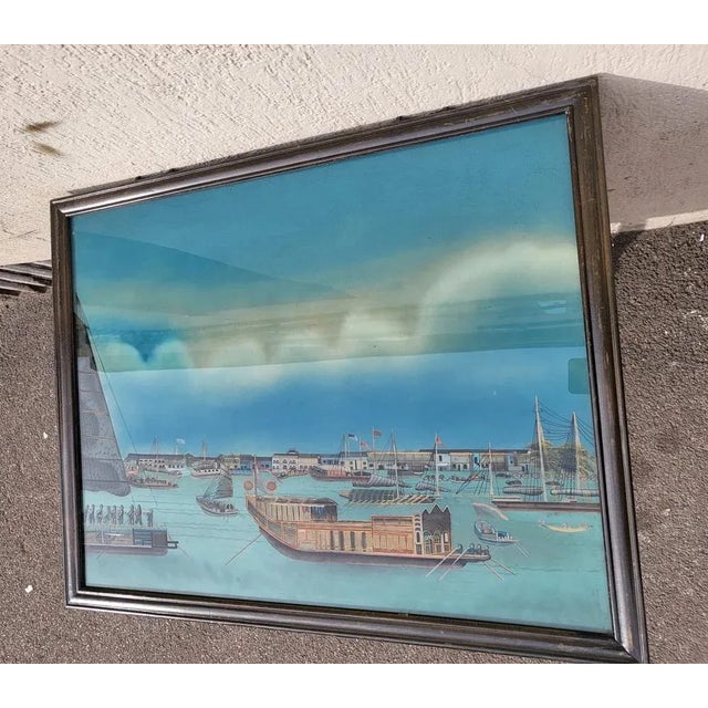 View of a Port in Asia, 20th Century, Reverse Glass Painting For Sale - Image 9 of 13