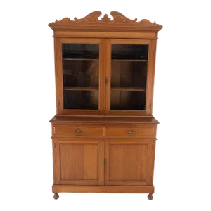 All Solid Teak Asian 1940s Carved Two Part Cupboard Hutch Breakfront
