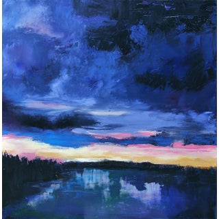 The Lake by Nicole Hyde | Oil Painting of a dark sky reflecting on a calm lake at sunset For Sale