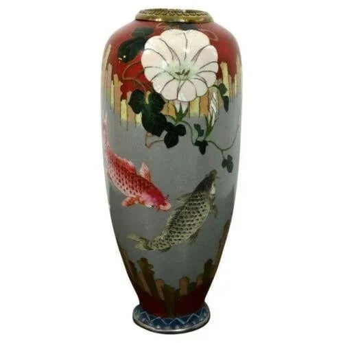 Vintage Signed Red and Gray Enameled Cloisonne Vase with Koi Fish For Sale - Image 9 of 9
